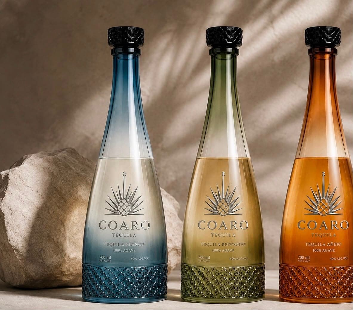 COARO Blanco, Reposado and Añejo tequila bottles