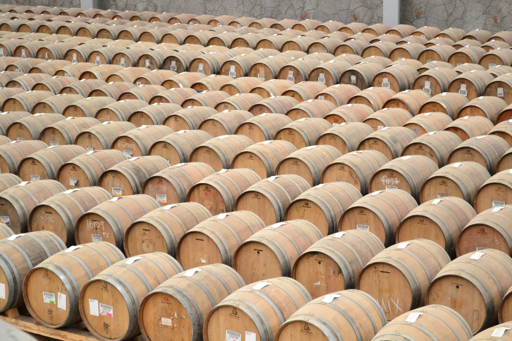 Oak casks in an ageing warehouse